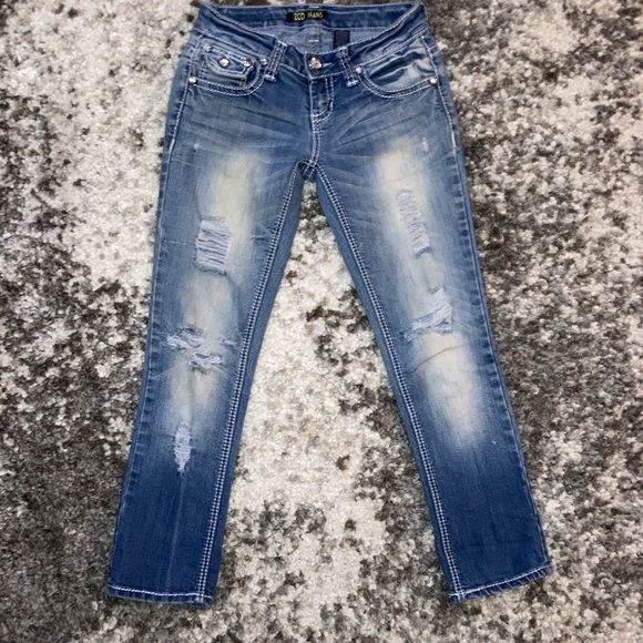 Zco Rhinestone Embellished Light Blue Distressed Jeans Size 3 - Picture 2 of 4